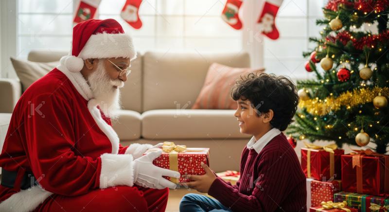 Joyful boy receives a special Christmas present from Santa Claus.