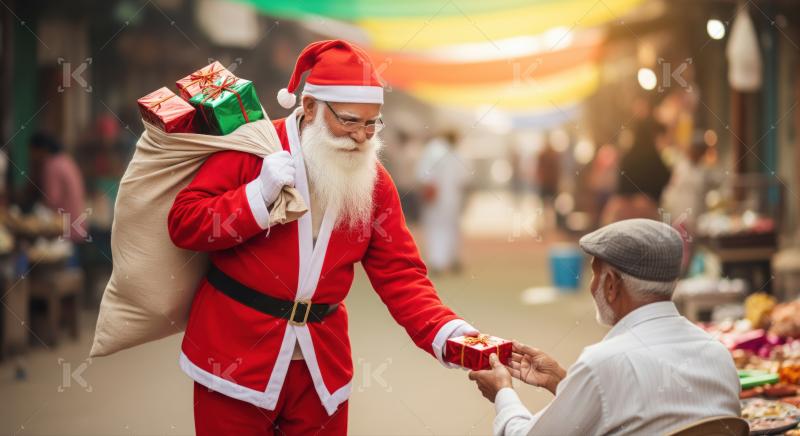 Generous Santa giving present, bringing happiness to the community.