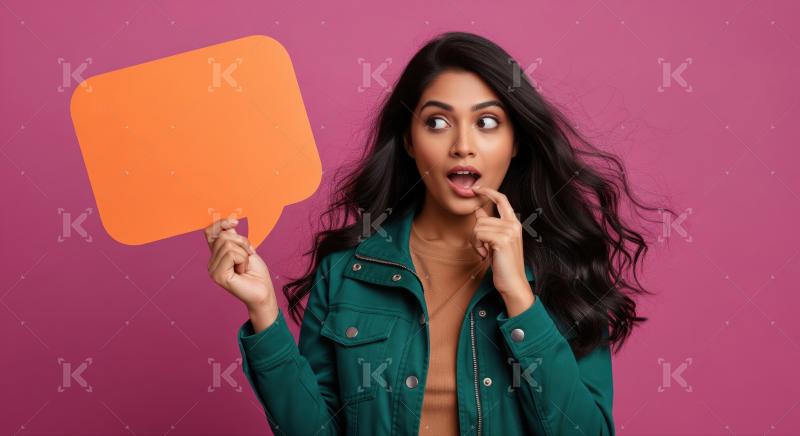 Expressive young woman holding blank speech bubble, pink background.