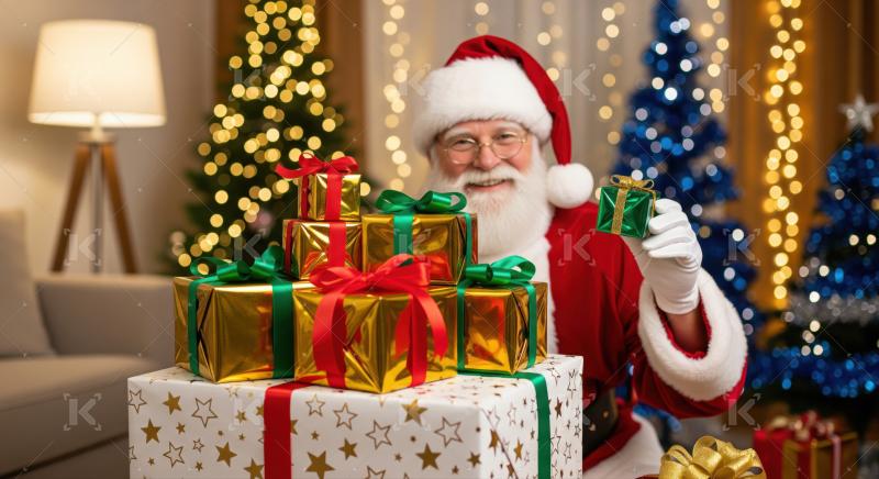 Smiling Santa Claus with pile of Christmas presents, holiday joy.