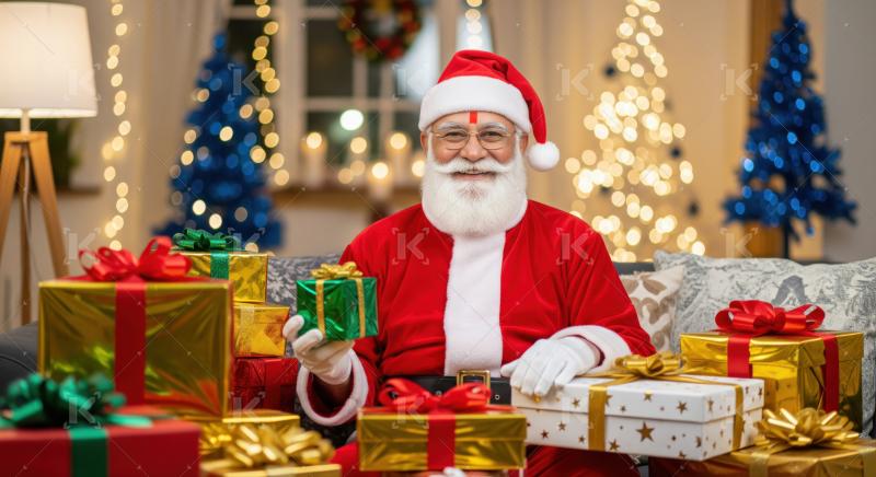 Jolly Santa Claus delivering numerous beautifully wrapped Christmas gifts.