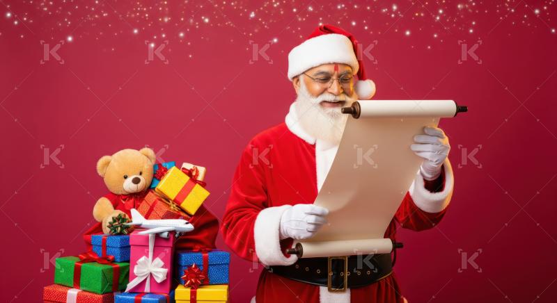 Diverse Santa checks his scroll, surrounded by festive holiday presents.