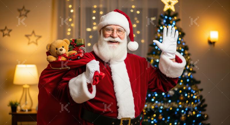 Jolly Santa Claus delivers toys and presents in a festive setting.