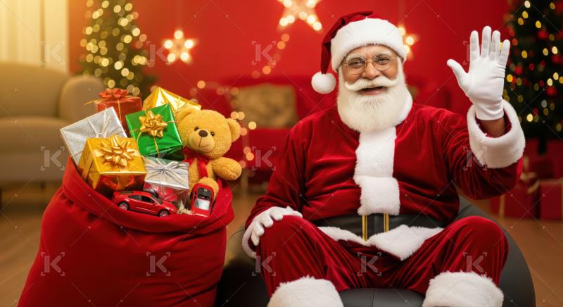 Merry Santa Claus waves, surrounded by festive Christmas gifts.