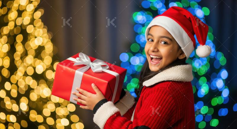 Joyful child celebrates holidays with a special gift.