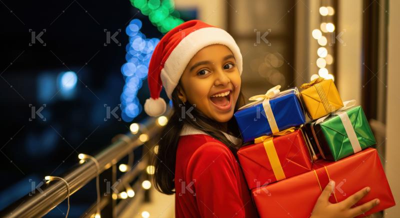 Happy child celebrates Christmas, holding multiple colorful presents joyfully.