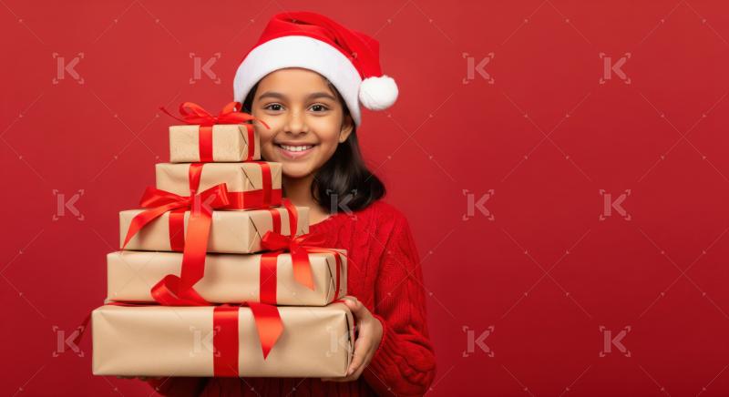 Joyful girl in Santa hat holds many Christmas gifts smiling brightly.