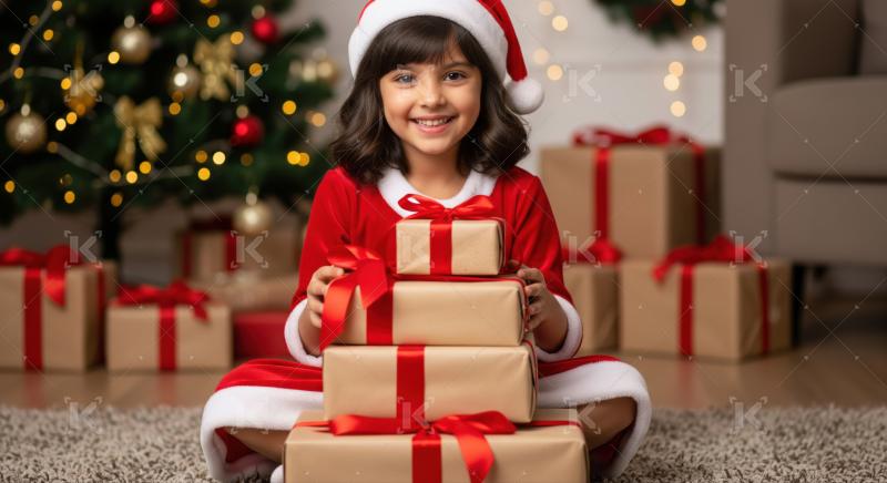Joyful child celebrates festive season with stacked presents at home.