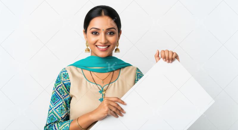 Cheerful Indian woman in traditional attire holds blank sign.