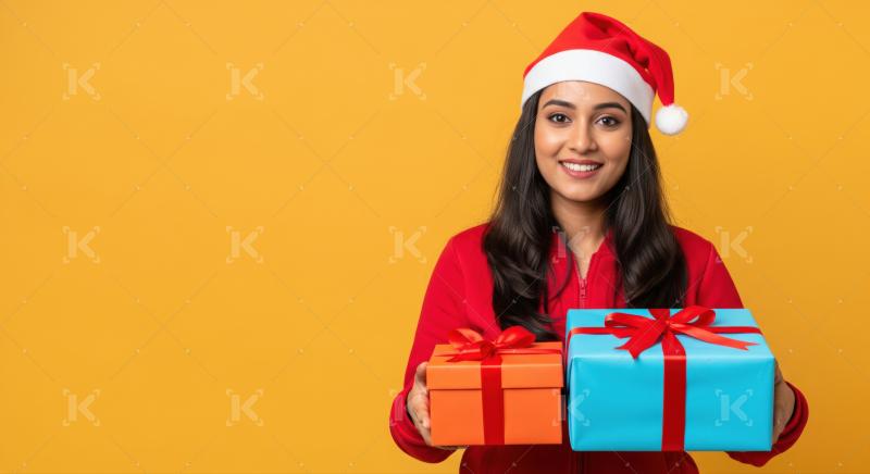 Smiling woman holds colorful presents celebrating the festive holiday season.