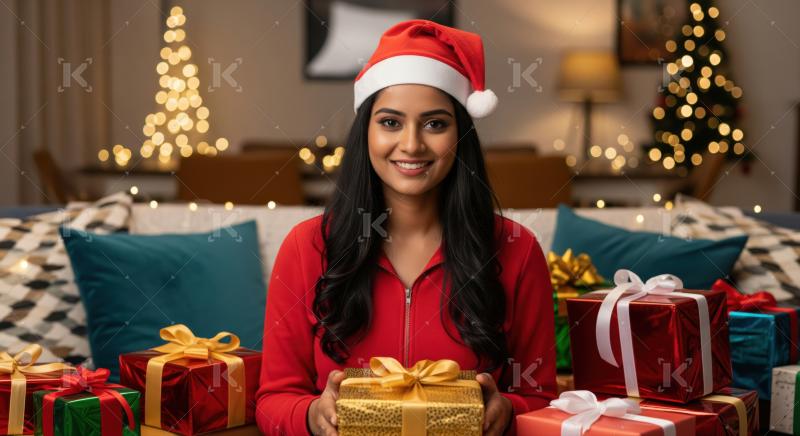 Happy Indian woman celebrating Christmas with numerous festive gifts.