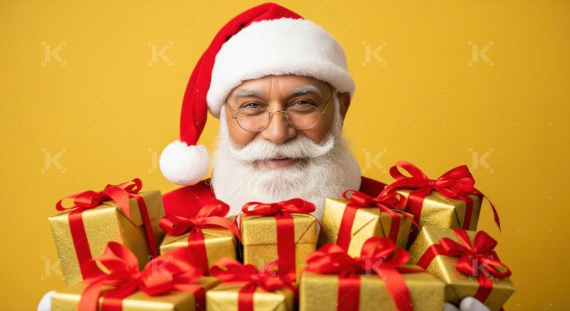 Jolly Santa Claus delivers many golden Christmas presents joyfully.