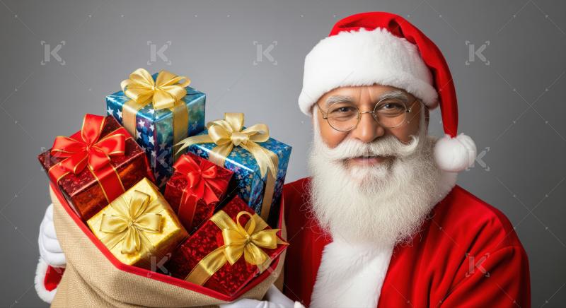 Cheerful Santa Claus holds many colorful wrapped Christmas gifts.