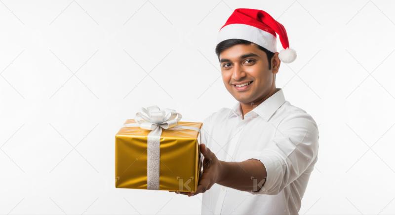 Happy Indian man with Santa hat offering beautifully wrapped gift.