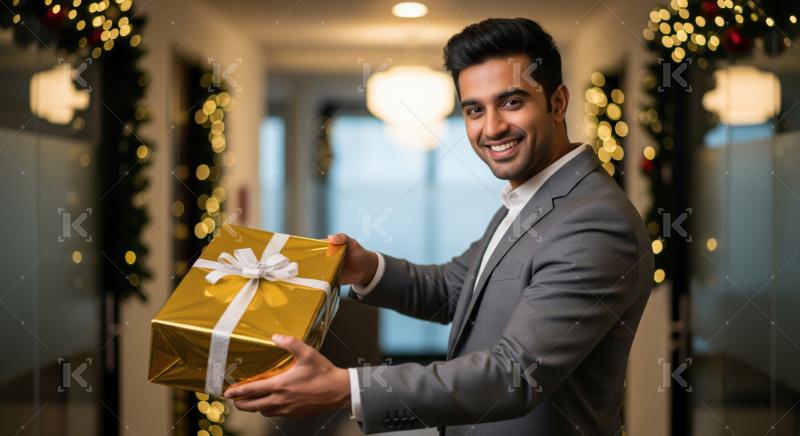 Happy professional offers a beautifully wrapped gold gift in festive office.