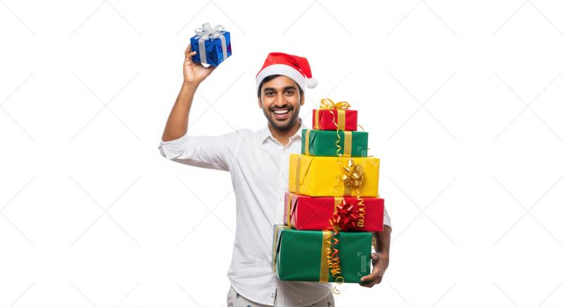 Smiling man joyfully holds a stack of vibrant holiday presents.