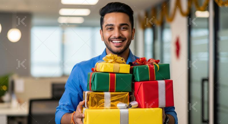 Joyful young man proudly displaying beautifully wrapped presents at work.