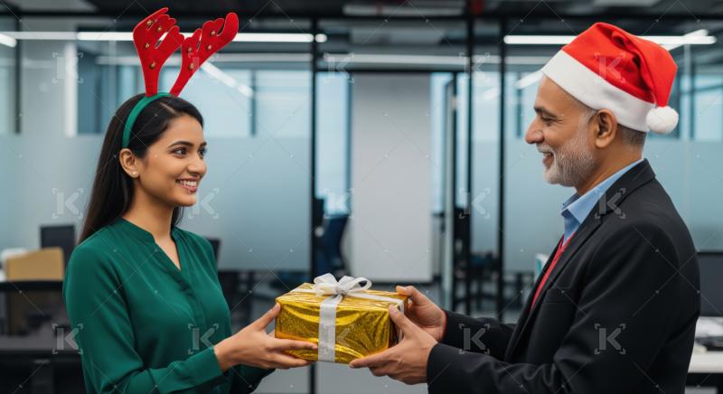 Smiling diverse colleagues exchange a festive gift in modern office.