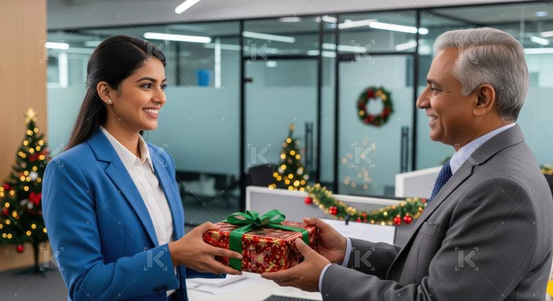 Happy coworkers exchange festive gift in a decorated office setting.