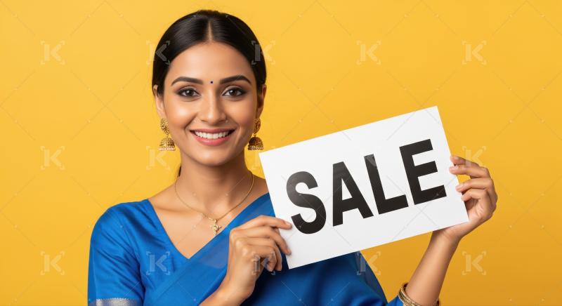 Happy young woman promoting sale with sign and smile.