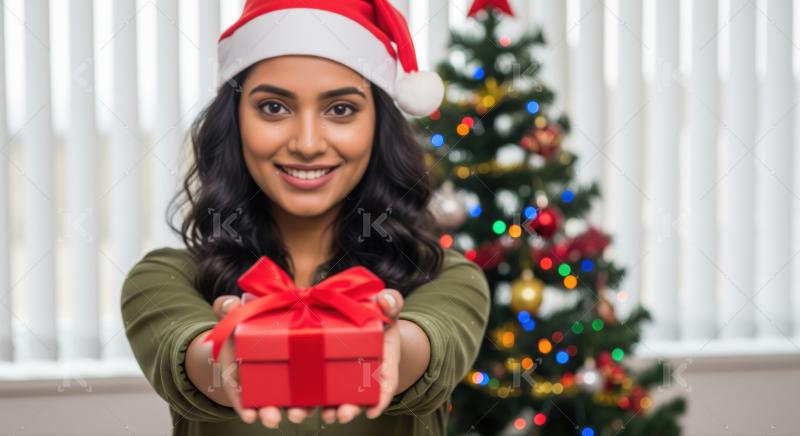 Happy woman offers a festive red Christmas present to viewer.