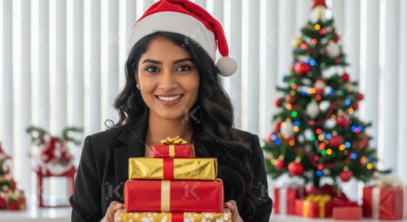 Smiling woman holding festive presents by a decorated Christmas tree.