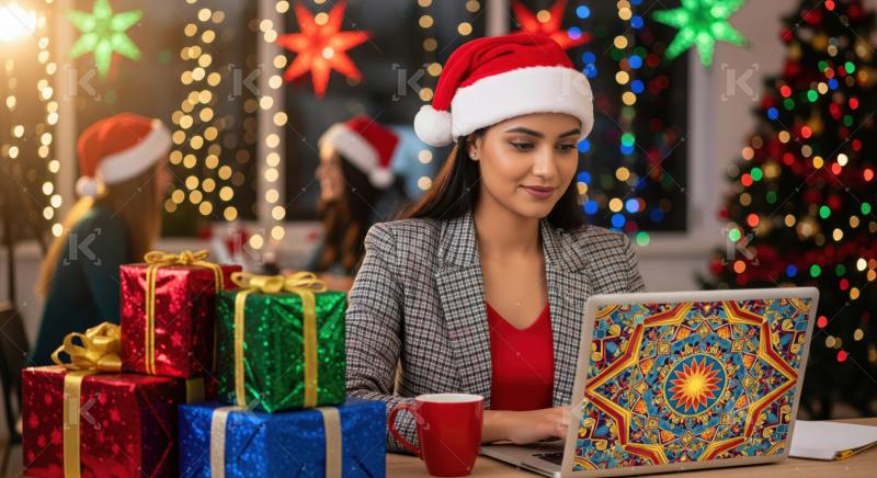 Focused woman works with gifts and festive decorations at Christmas.
