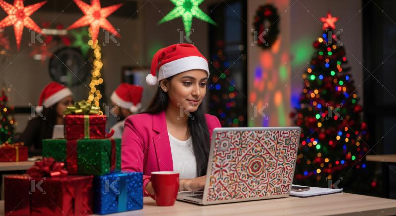 Young woman in Santa hat happily working on her laptop.
