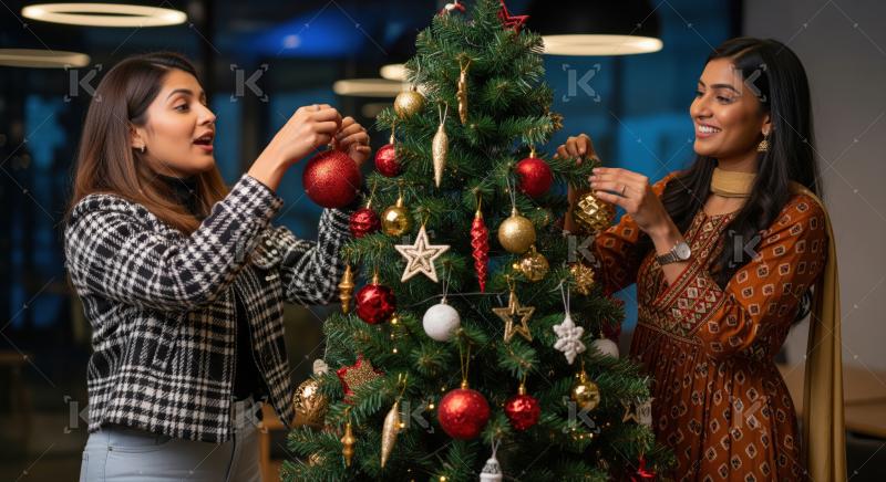 Two happy Indian women decorating a beautiful Christmas tree indoors.