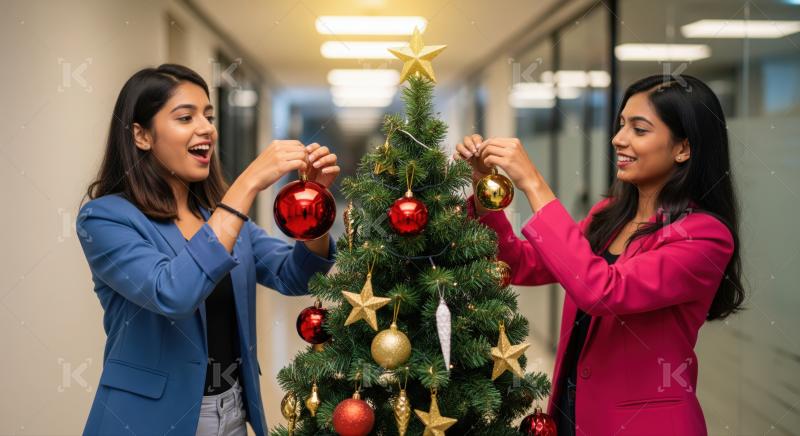 Joyful young women decorating a Christmas tree in an office.