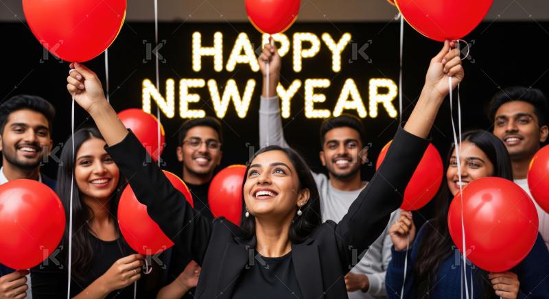 Joyful diverse friends celebrating upcoming New Year with festive red balloons.