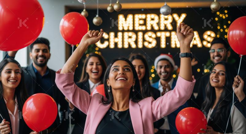 Diverse group of professionals happily celebrating Christmas in a festive office.