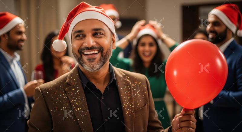 Joyful man celebrates holiday party, holding a vibrant red balloon.