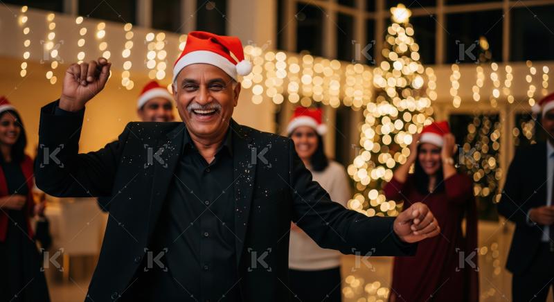 Joyful man celebrates holidays, dancing among cheerful partygoers.