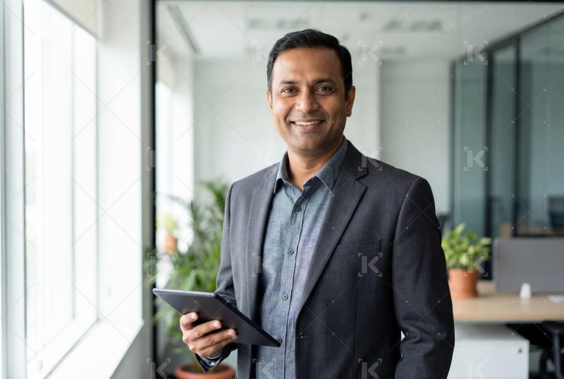 Happy young indian businessman holding tablet standing at office