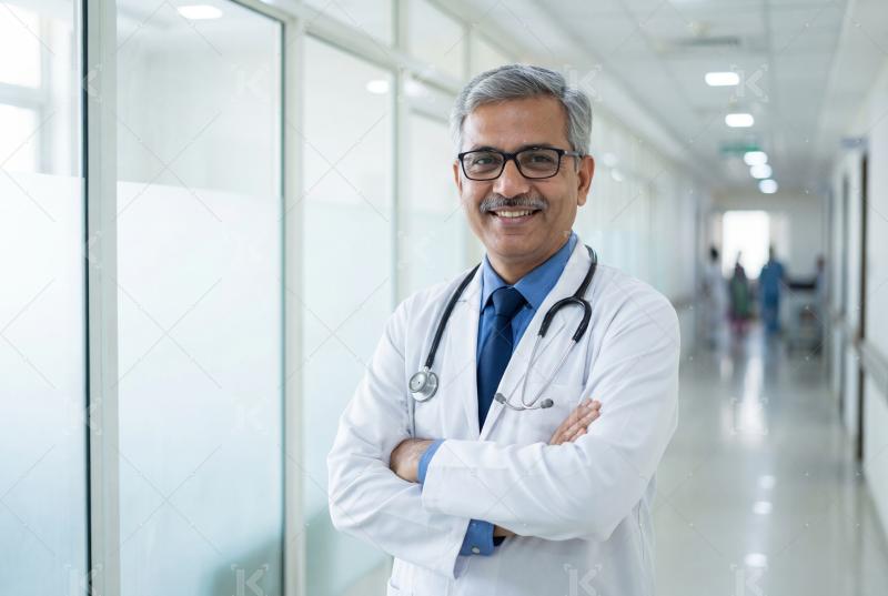Happy indian senior doctor standing at hospital