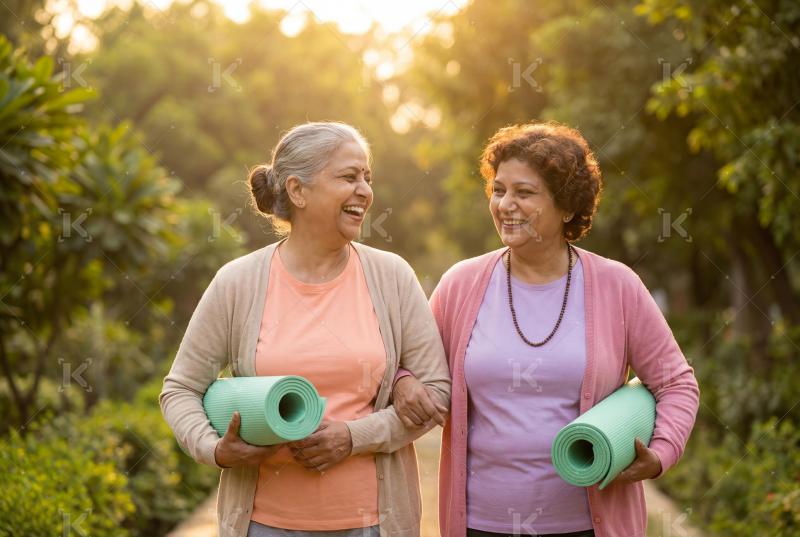 Two middle aged women holding yoga mats walking together at park