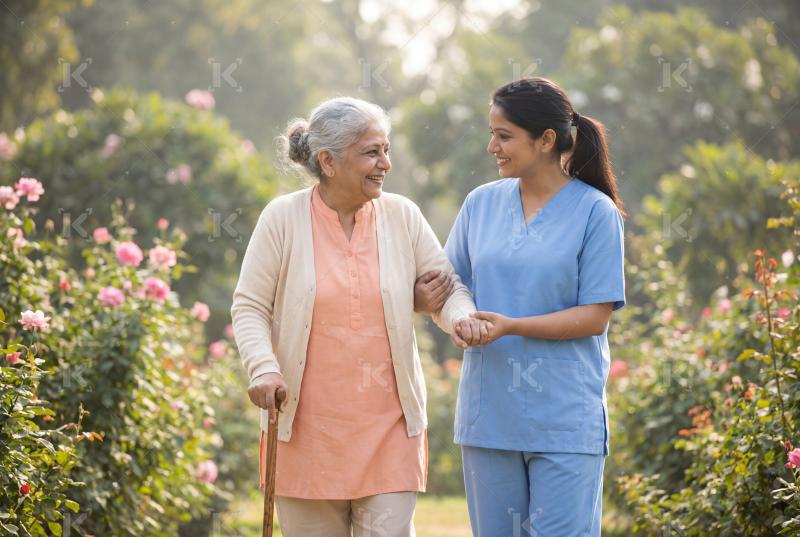 Young Indian nurse helping to elderly woman at park
