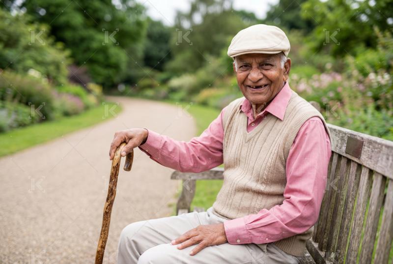 Happy indian mature man sitting on bench at outdoor