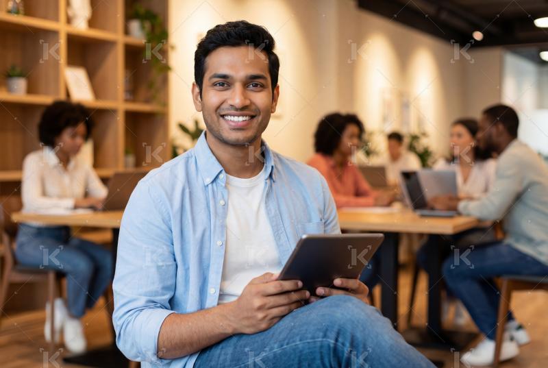 Young indian man using tablet sitting at cafe