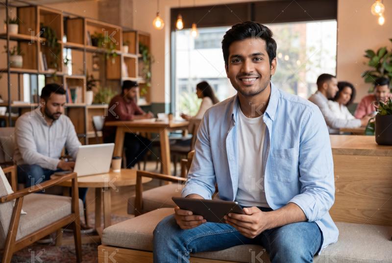 Young indian man using tablet sitting at cafe