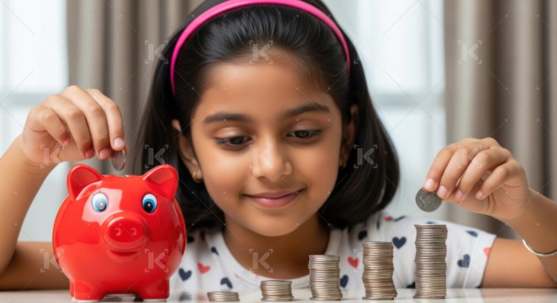 Adorable girl learns about saving by adding coins.