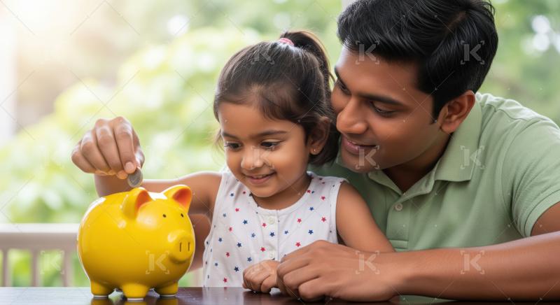 Happy Indian father daughter saving money in yellow piggy bank.