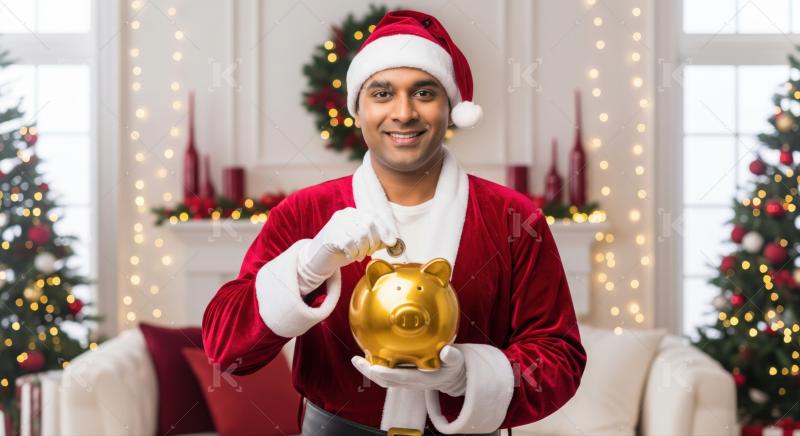 Smiling Santa saving coins in golden piggy bank for Christmas.