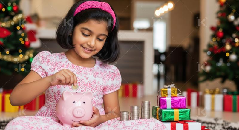 Happy child learning savings, placing coin in piggy bank.
