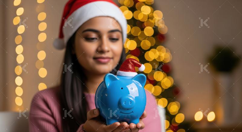 Happy woman in Santa hat displays holiday savings container.