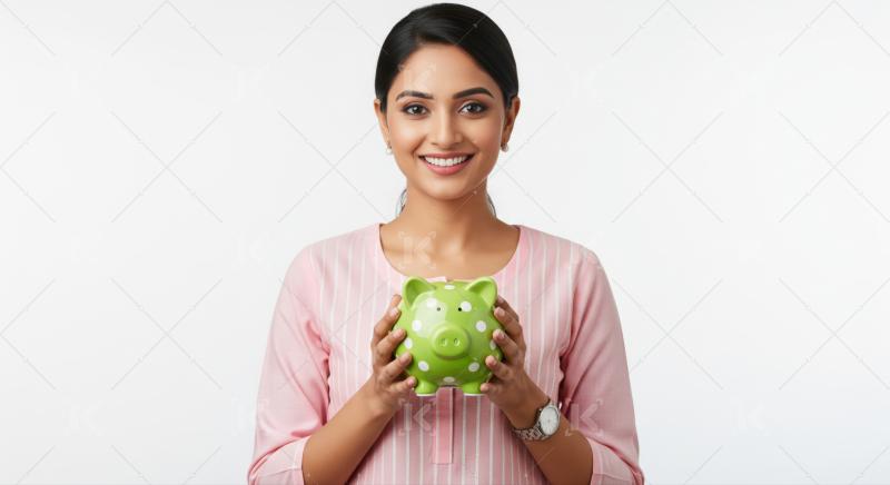 Cheerful woman holding piggy bank, symbolizing savings and financial planning.
