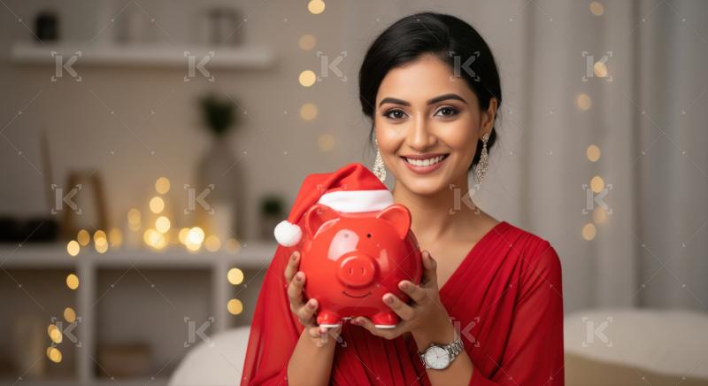 Happy Indian woman saving for holidays with a charming piggy bank.