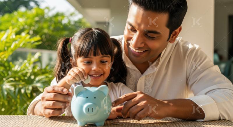 Smiling father and daughter enjoy saving coins in piggy bank.