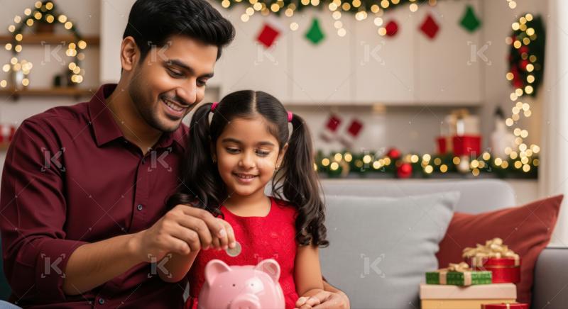 Happy father and daughter saving money during the festive holidays.